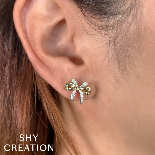 Shy Creation 14Kt Yellow Gold Diamond Bow Stud Earrings