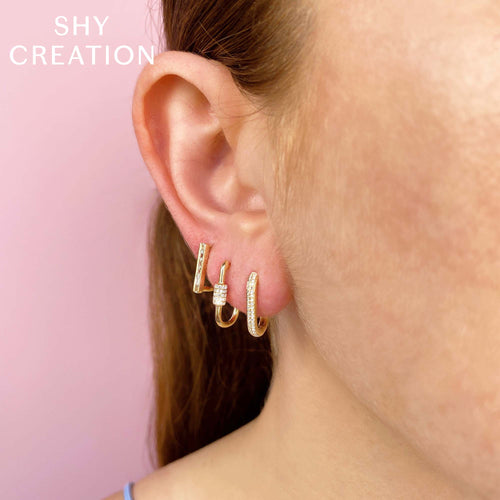 Shy Creation 14Kt Yellow Gold Lock Clasp Diamond Hoop Earrings