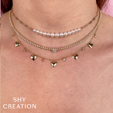 Shy Creation 14kt Yellow Gold Paper Clip Link Chain with 13 Graduate Cultured Pearls in the Center - 18" With Lobster Clasp