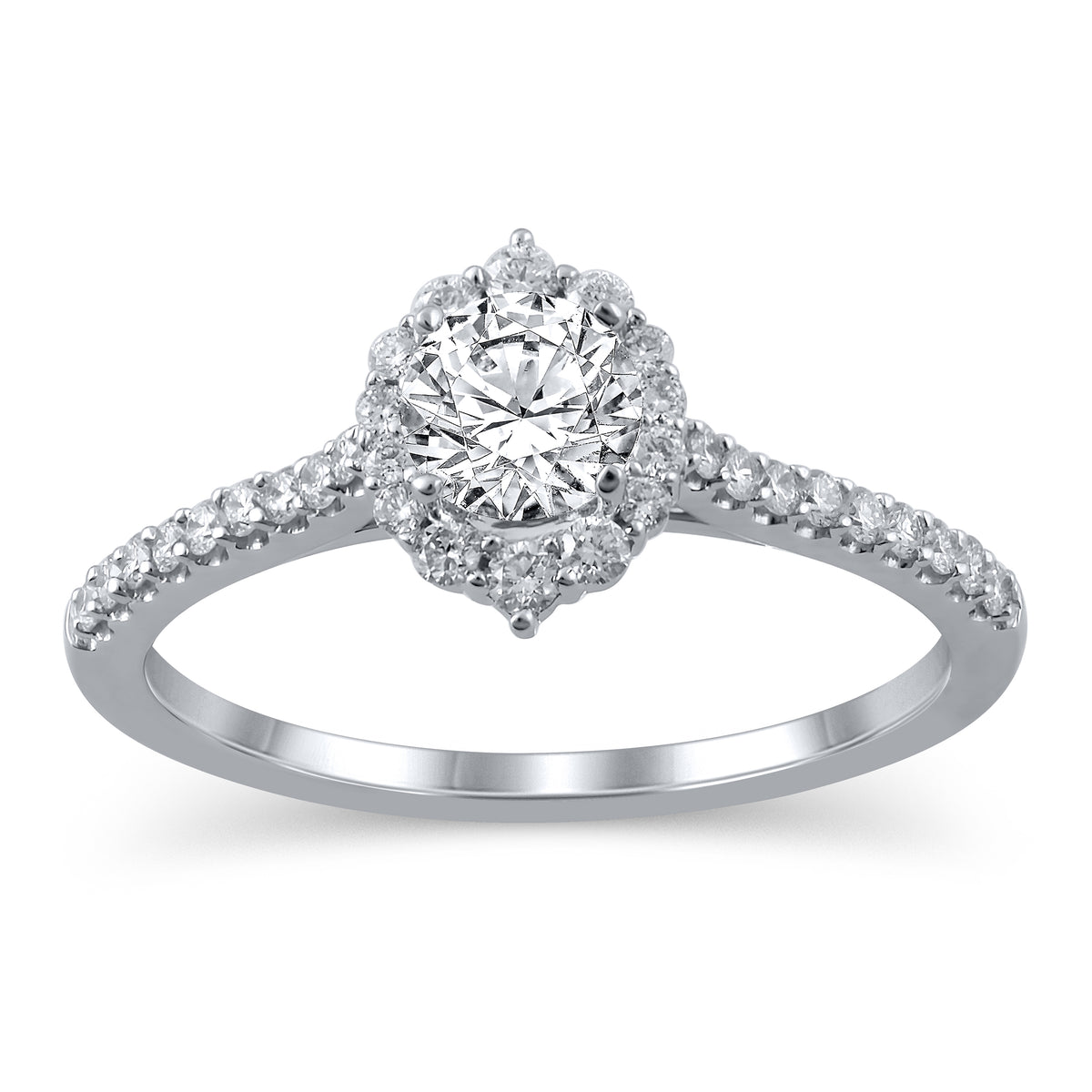 Tiara Halo Engagement Ring Setting In 14Kt White Gold With .72ct Round Center Diamonid (H Color - I1 Clarity) And 30 Round Accent Diamonds Totaling .39Cttw