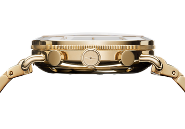 Gold-tone luxury wristwatch with diamond bezel and rectangular link bracelet, profile view.