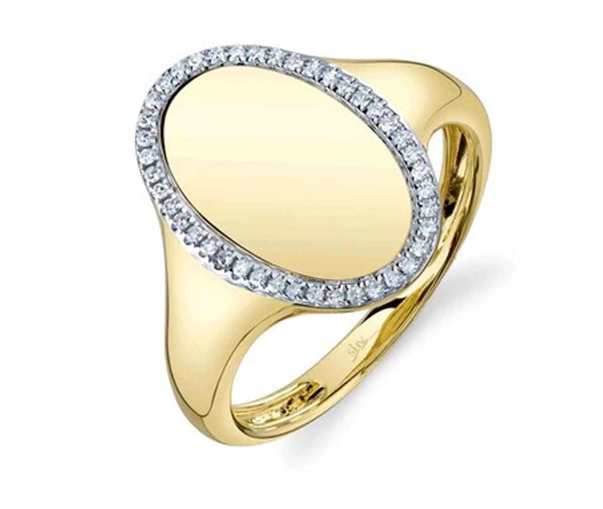 14Kt Yellow Gold Engraveable Oval Signet Ring With .11cttw Natural Diamonds