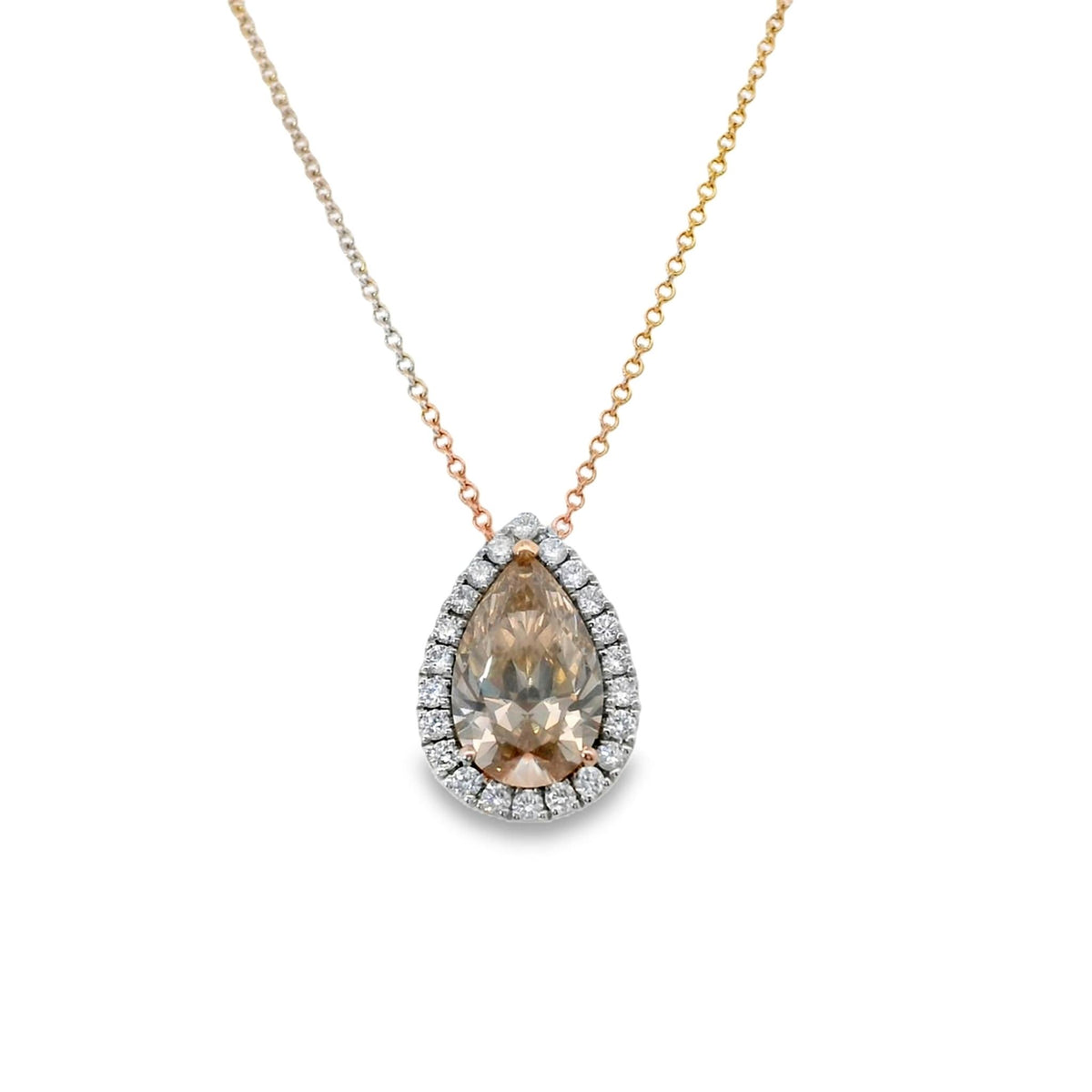 14Kt Rose Gold Halo Pendant with Natural Fancy Color Pear Diamond