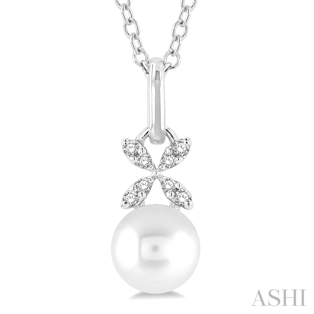 10Kt White Gold Floral Pendant With 6mm Akoya Cultured Pearl and Diamonds