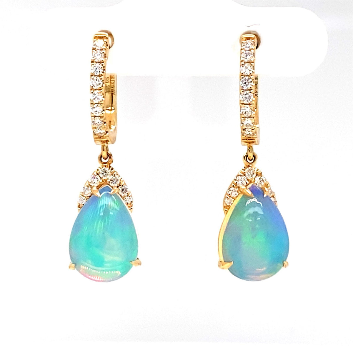 14Kt Yellow Gold Hinged Drop Earrings with 2=3.53cttw (11x8mm) Pear Shaped Opals