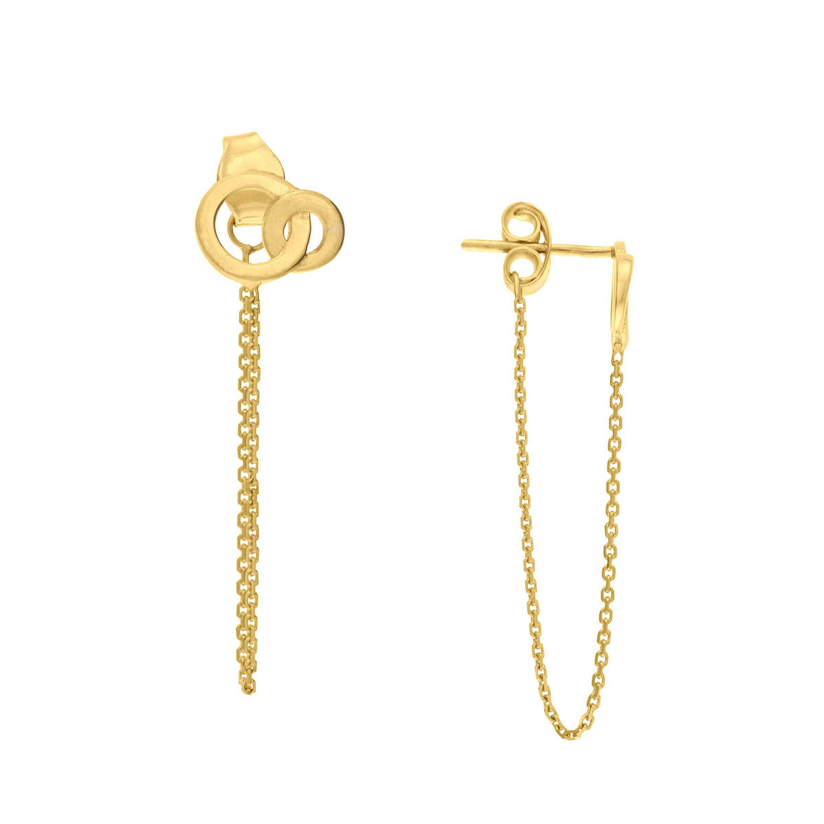 14Kt Yellow Gold You & Me Dangle Chain Earrings