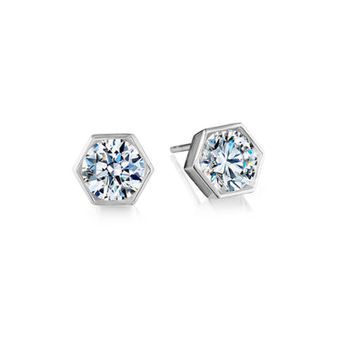 18Kt White Gold Milgrain Hexagon Shape Stud Earrings with 2 Round Natural Diamonds Totaling .61cttw