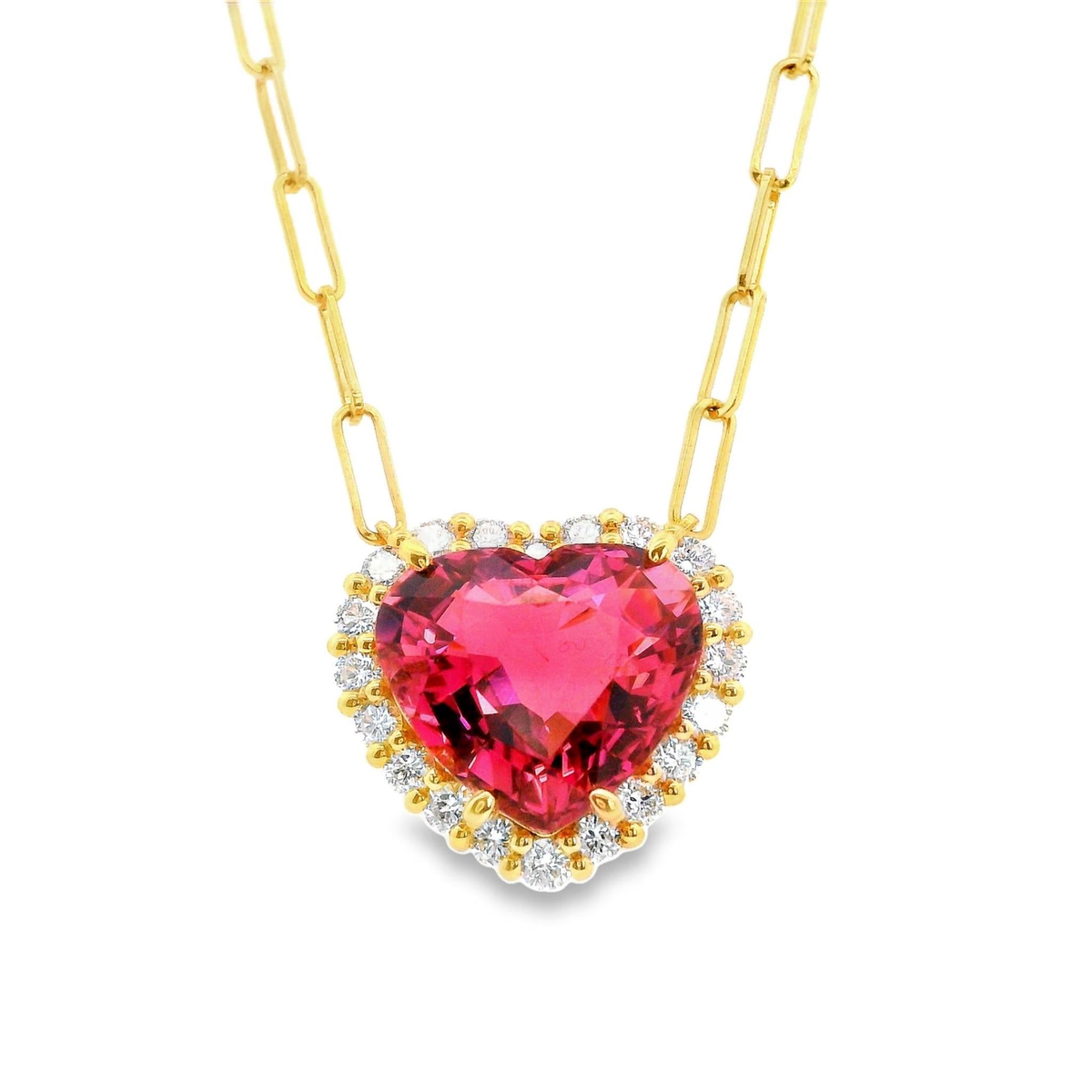 18Kt Yellow Gold Halo Pendant with 5.75Ct Heart Shaped Pink Tourmaline (10x12mm) and 20.62cttw Natural Diamonds (Color G-H, Clarity SI1) on a 17" Paperclip Chain with a Lobster Clasp