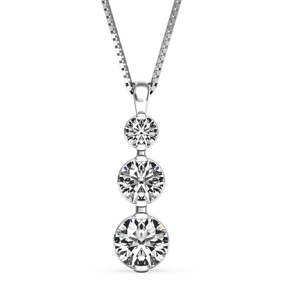 Past, Present, Future 3-Stone Pendant in 14kt White Gold with 3.50cttw Round Diamonds (I Color - SI2 Clarity) on 18" Box Chain