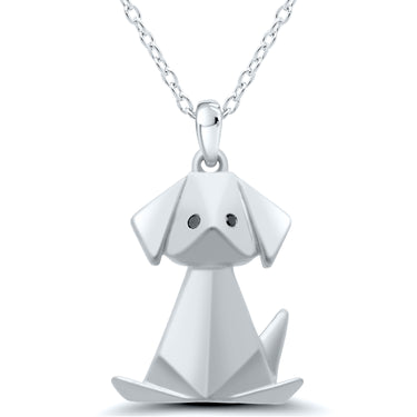 Sterling Silver Satin Finish with Black Diamond Eyes Origami Dog Pendant