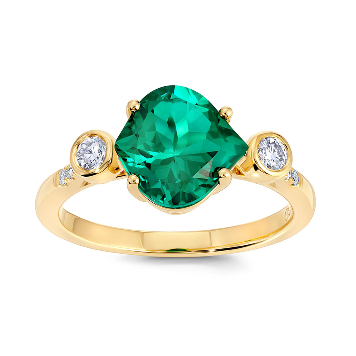 14Kt Yellow Gold 3 Stone Ring With 2.00ct Chatham Lab Created Emerald