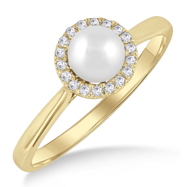 10Kt Yellow Gold Halo Ring with 5mm Akoya Pearl and .07Cttw Natural Diamonds