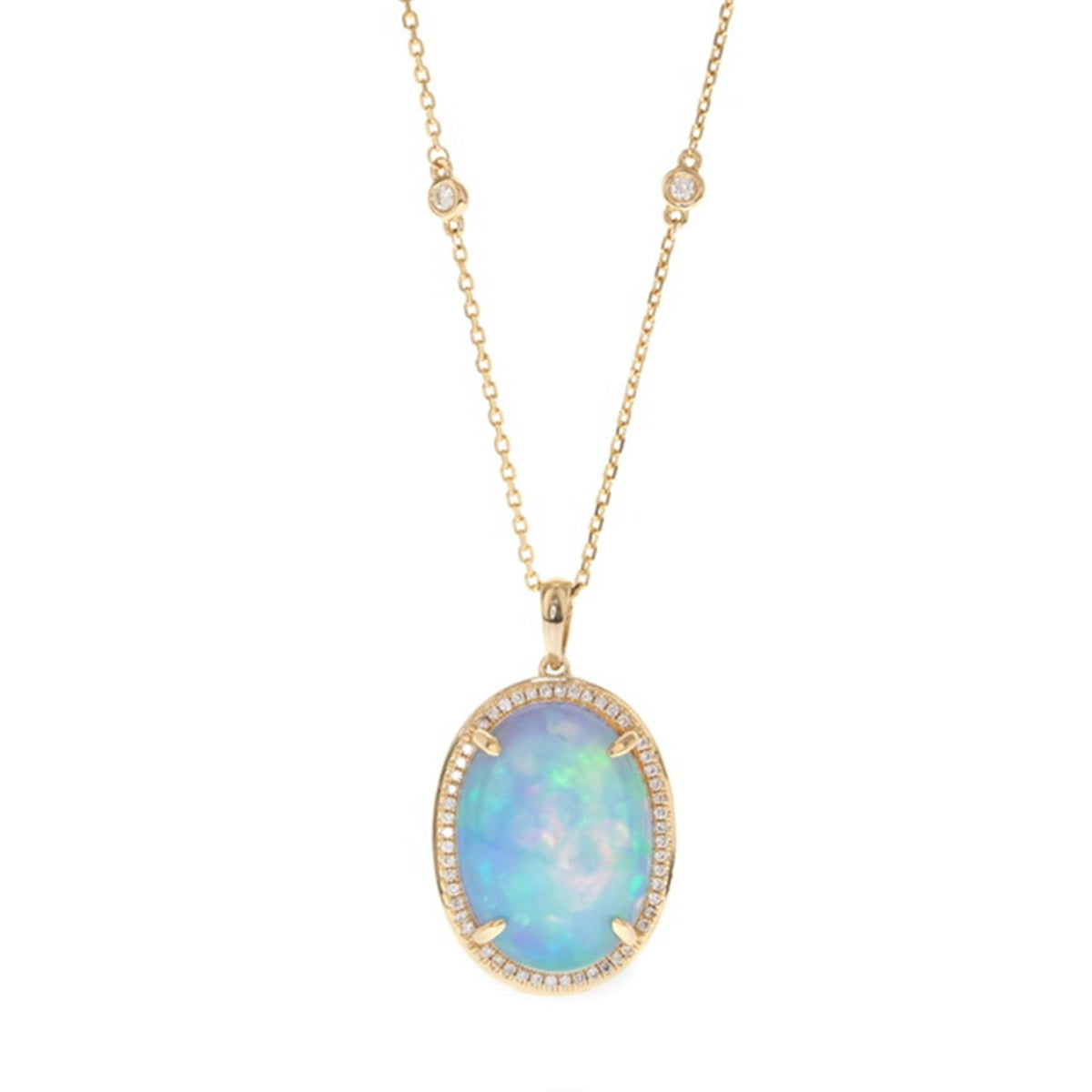 14Kt Yellow Gold Ethiopian Opal Pendant with Diamond Halo