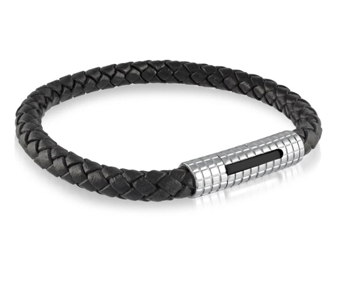 Italgem Stainless Steel Black Leather Bracelet with Push Clasp