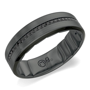 M-Fit 14Kt White Gold Band with 0.17cttw Prong Set Black Diamonds and Black Ceramic Edges with Black Rhodium. Width 7mm