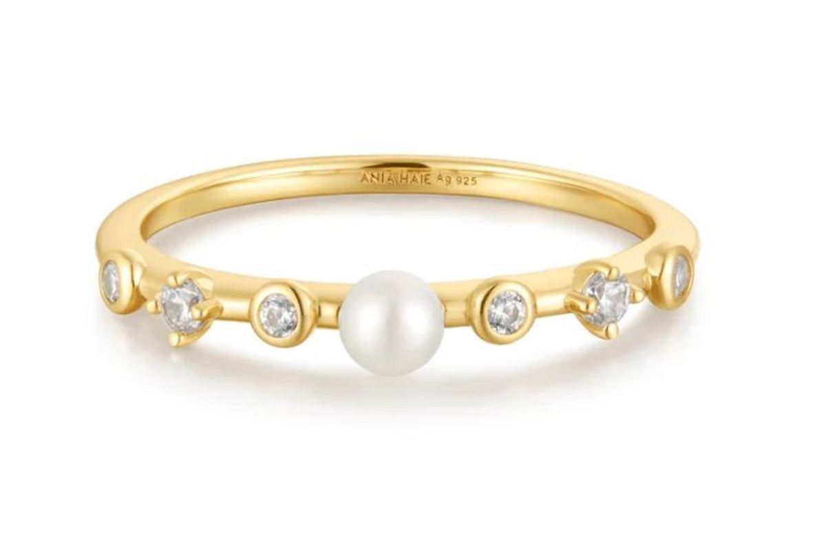 Ania Haie Freshwater Pearl (3mm) and Cubic Zirconia Bezel Set Ring in 14Kt Yellow Gold Overlay