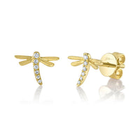 Shy Creation 14Kt Yellow Gold Small Dragonfly Stud Earrings 0.05cttw Natural Diamonds