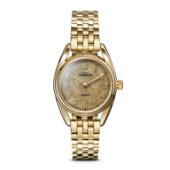 Gold-tone luxury wristwatch with textured dial and metal bracelet band.