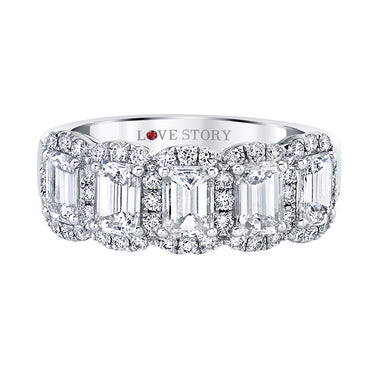 14Kt White Gold 5-Station Halo Band with 5 Emerald-Cut Diamonds Totaling 1.00ct & .31cttw Round Accent Diamonds