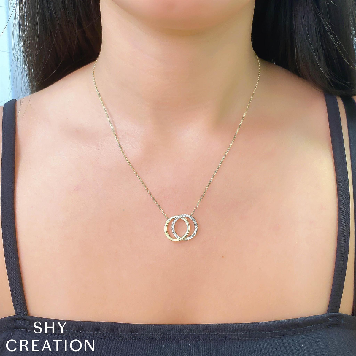 Shy Creation 14K Yellow Gold You  Me Intersecting Circle Pendant with 0.31cttw Diamonds