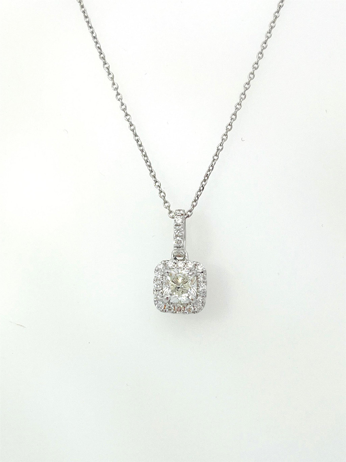 14Kt White Gold Halo Pendant With .50cttw Natural Cushion Center Diamond
