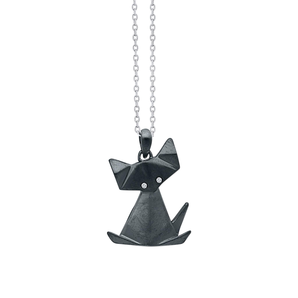 Sterling Silver Origami Cat Mini Pendant with Black Rhodium  Diamond Eyes