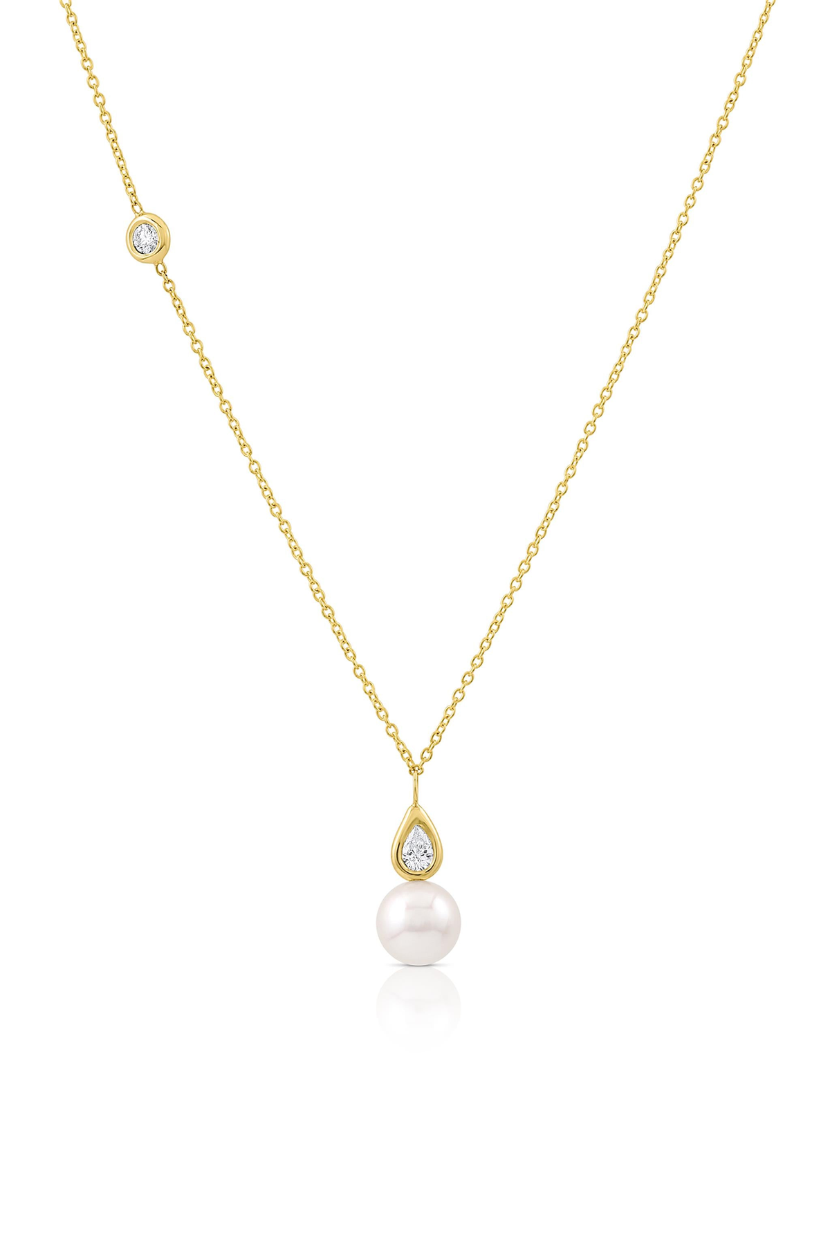 14Kt Yellow Gold 7-7.5Mm Akoya Cultured Pearl Pendant With 1 Pear Shape Natural Diamond .10Ct (H-I1) And One Round Diamond On 18" Oval Link Chain With Adjustable Ring At 16