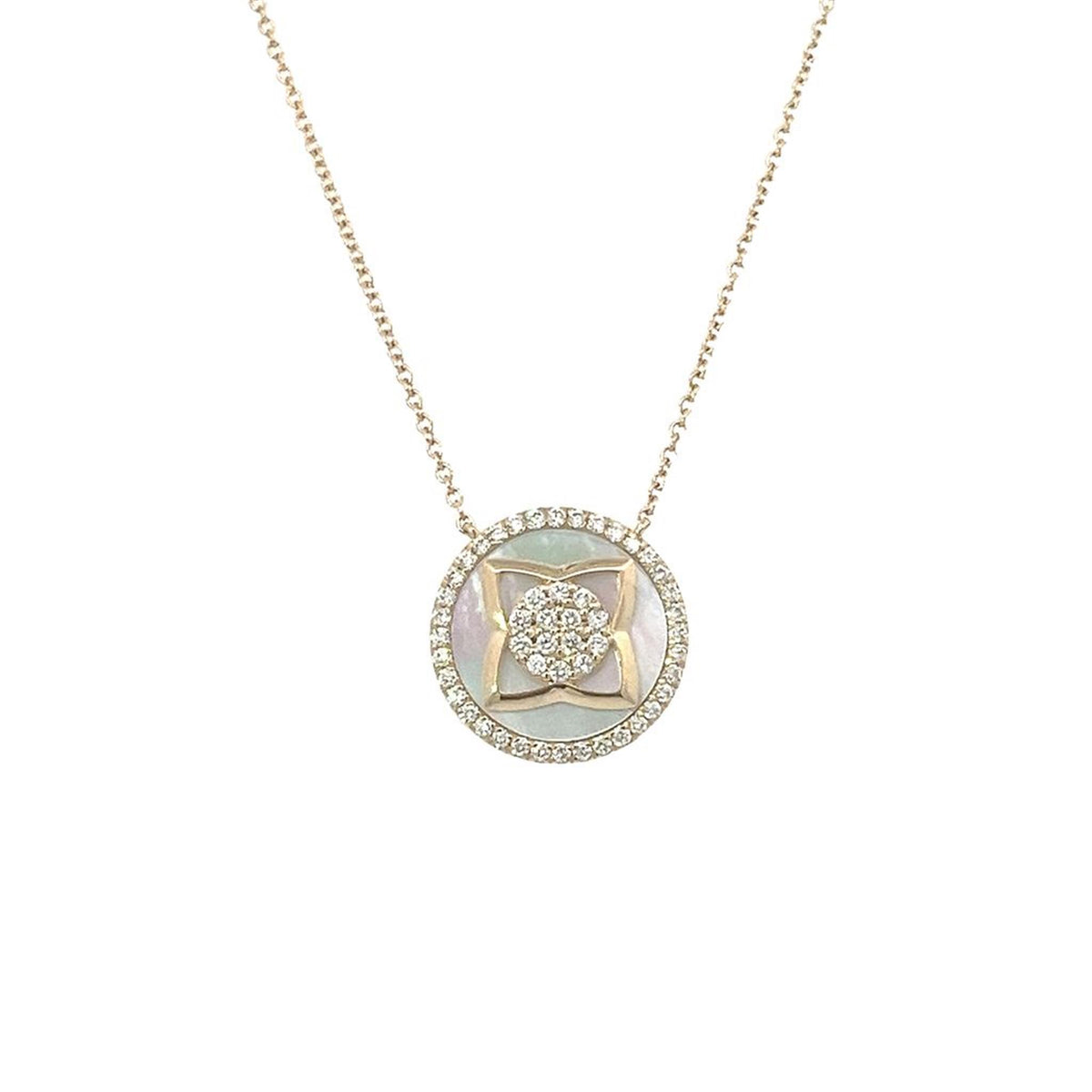 14Kt Yellow Gold Disc Pendant with Mother of Pearl Inlay and Natural Diamonds