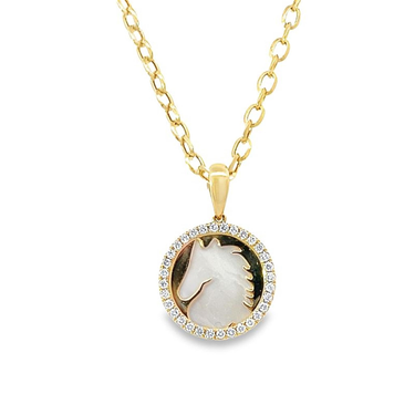 Doves 18Kt Yellow Gold Mother Of Pearl Medallion Horse Pendant with Natural Diamonds