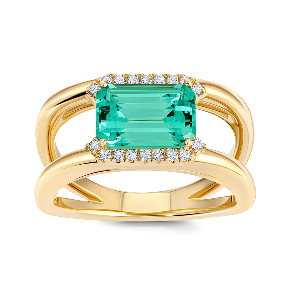 14Kt Yellow Gold East-West Set Octagon Shape Chatham Lab-Created Mint Colored Chrysoberyl Ring with Lab-Grown Diamonds