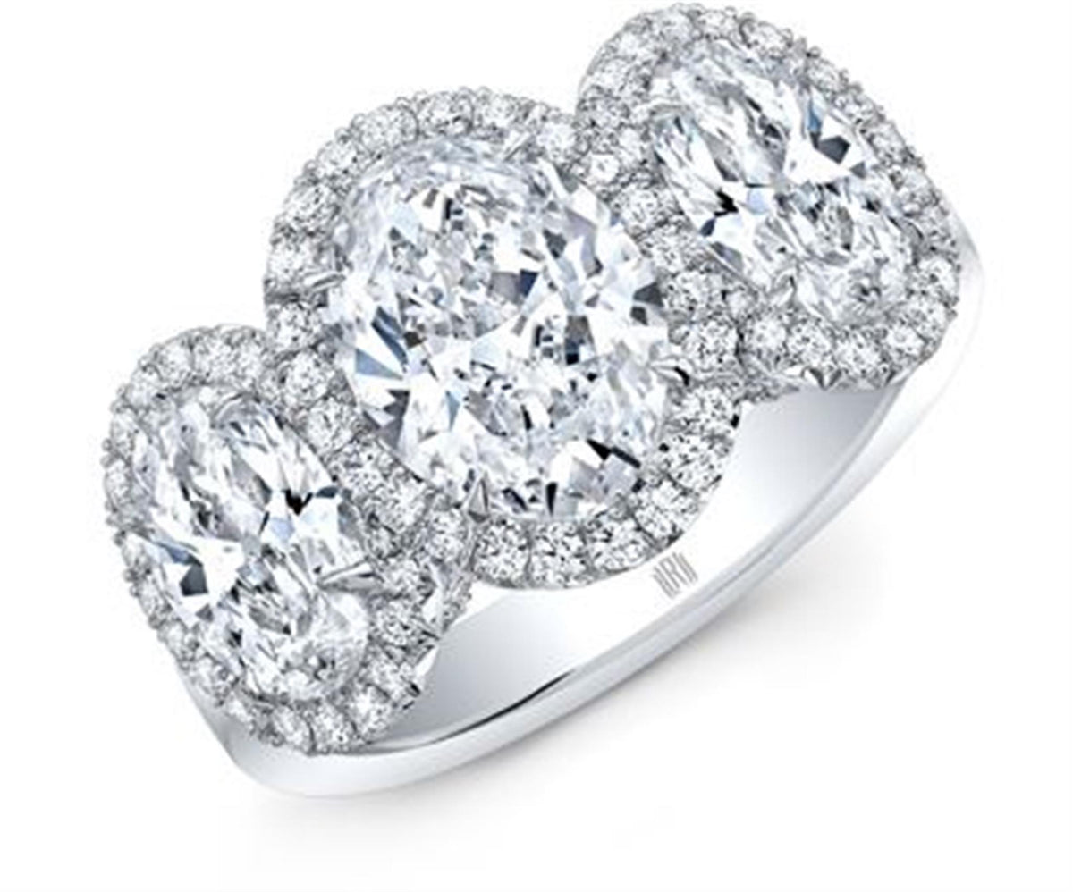 Past, Present, and Future Platinum Oval 3-Stone Halo Ring With 3.71cttw Natural Diamonds