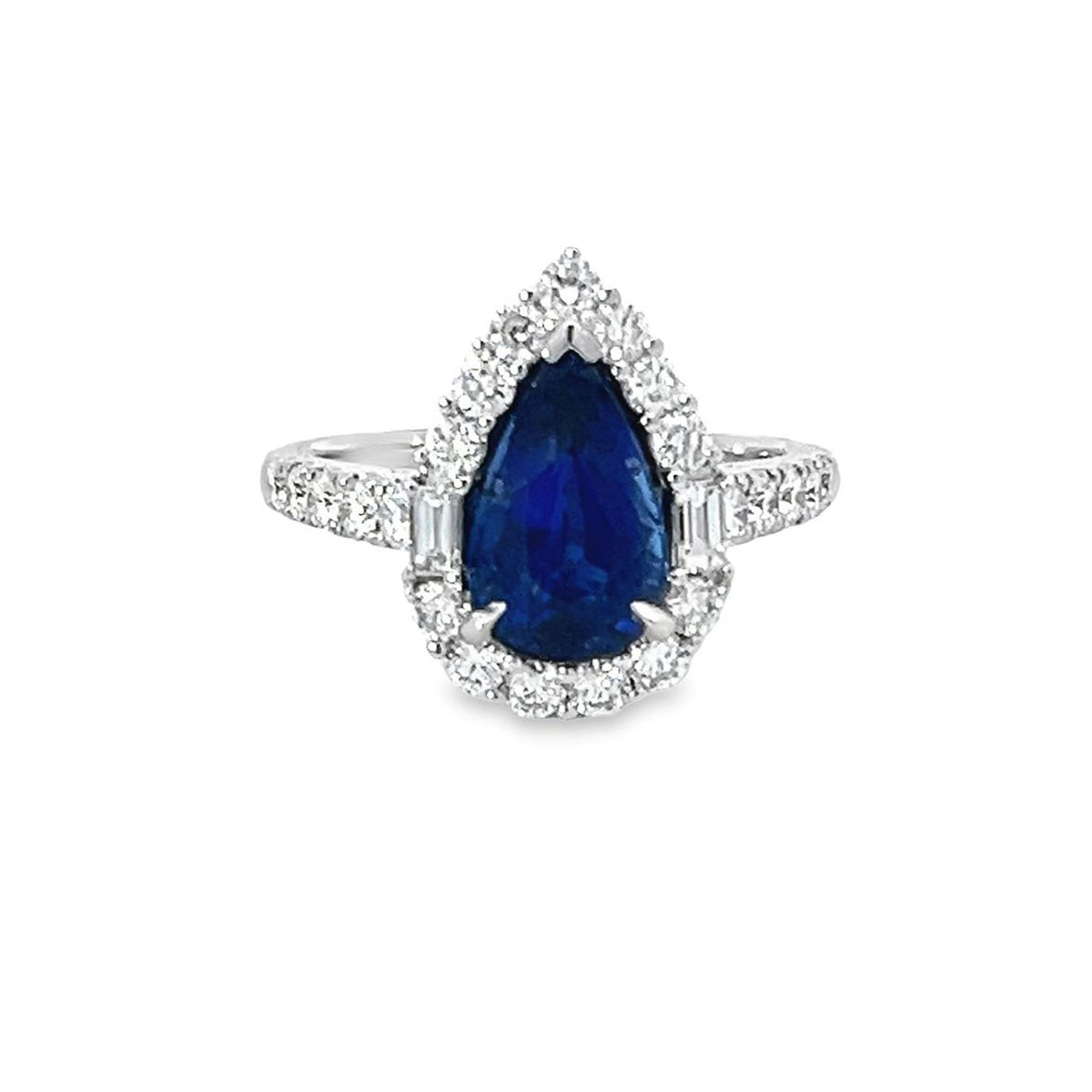 18Kt White Gold Halo Ring With 2.56ct Pear-Shape Fine Blue Sapphire