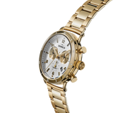 Side view of a gold-tone diamond wristwatch with pavé-set accents and textured bracelet.