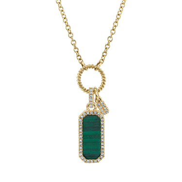 Shy Creation 14K Yellow Gold Malachite Dog Tag Pendant with 0.13cttw Diamond (H Color - SI1 Clarity) - on 16-18" Cable Chain with Lobster Clasp