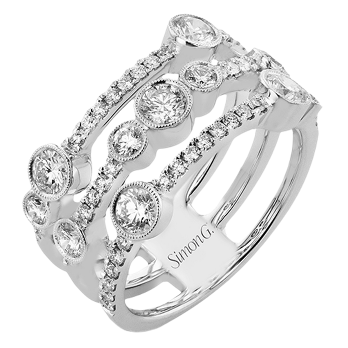 Simon G 18Kt White Gold 3 Row Ring with 551.15cttw Diamonds (Color G-H, Clarity VS2) -Size 6.5 Serial  794945