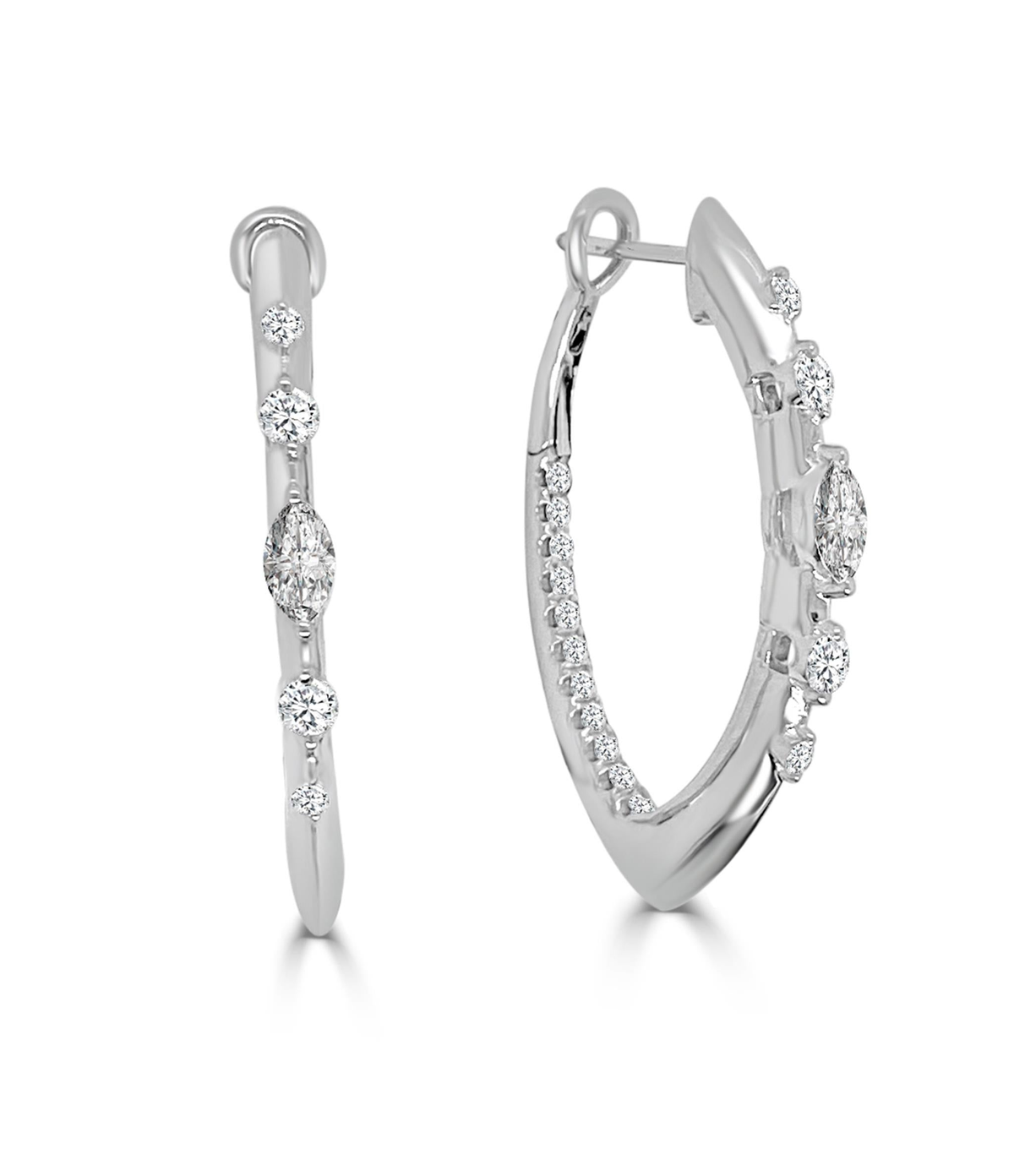 Frederic Sage 14K White Gold 30mm Penta Bolt Marquise Diamond Hoop Earrings with 2.31cttw Marquise Diamonds and 30.51cttw Diamonds (G/H Color - SI1 Clarity)