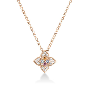 Roberto Coin 18Kt Rose Gold Venetian Princess Carnival Pave Diamond and Mixed Stones Small Flower Necklace