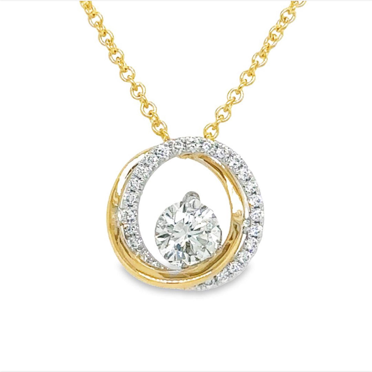 14Kt Yellow & White Gold You & Me  Circle Pendant With .51cttw Natural Center Diamond