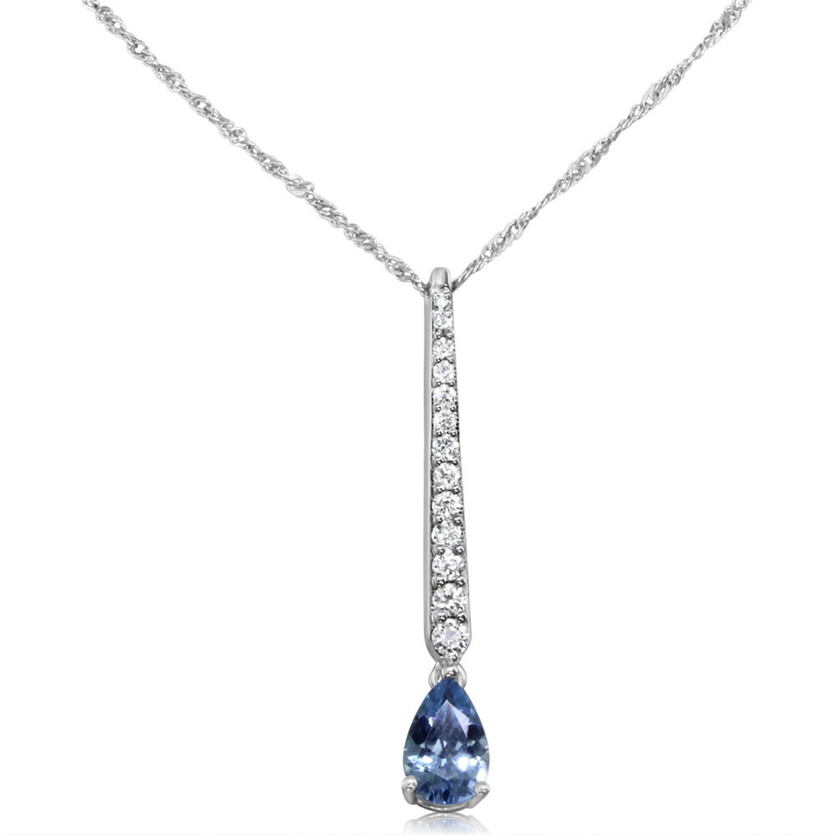 14Kt White Gold Stilletto Drop .90ct  Aquamarine Natural Diamond Pendant