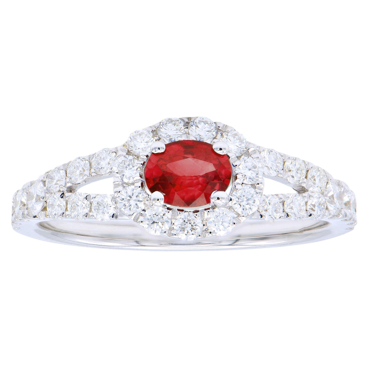 14Kt White Gold East-West 'Center of My World' Ruby Split Shank Natural Diamond Ring