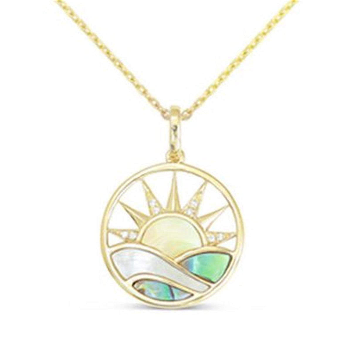 Frederick Sage 14Kt Yellow Gold Sun Pendant  Abalone, Mother of Pearl and .03cttw Natural Diamonds