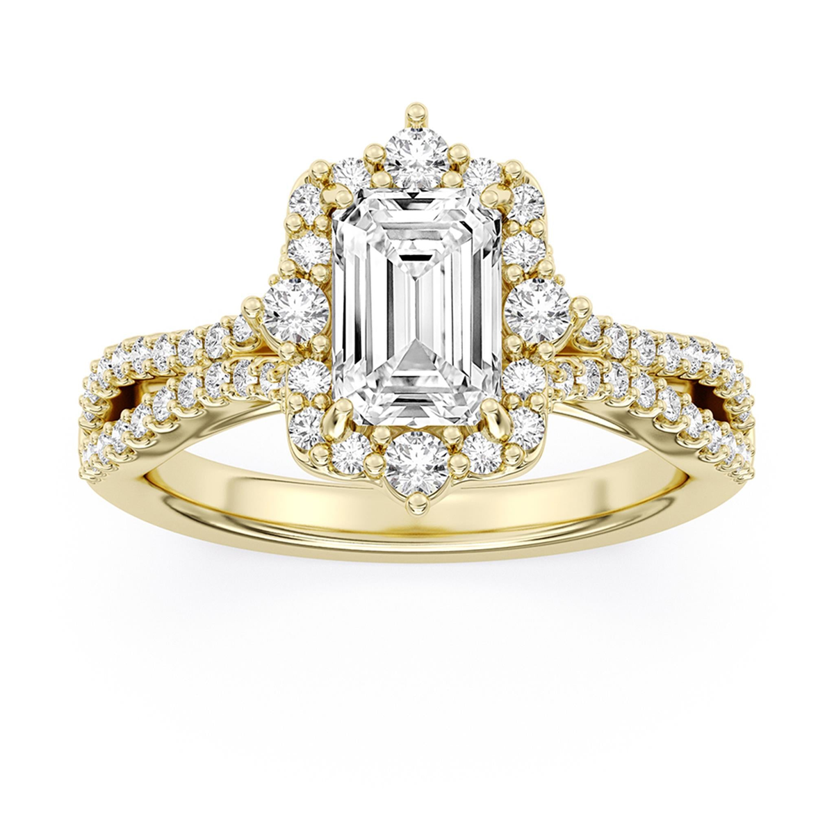 Lasker's Big Rocks Lab-Grown Diamond Collection Halo Split Shank Ring in 14Kt Yellow Gold with 1.51Ct Emerald Cut Center Diamond