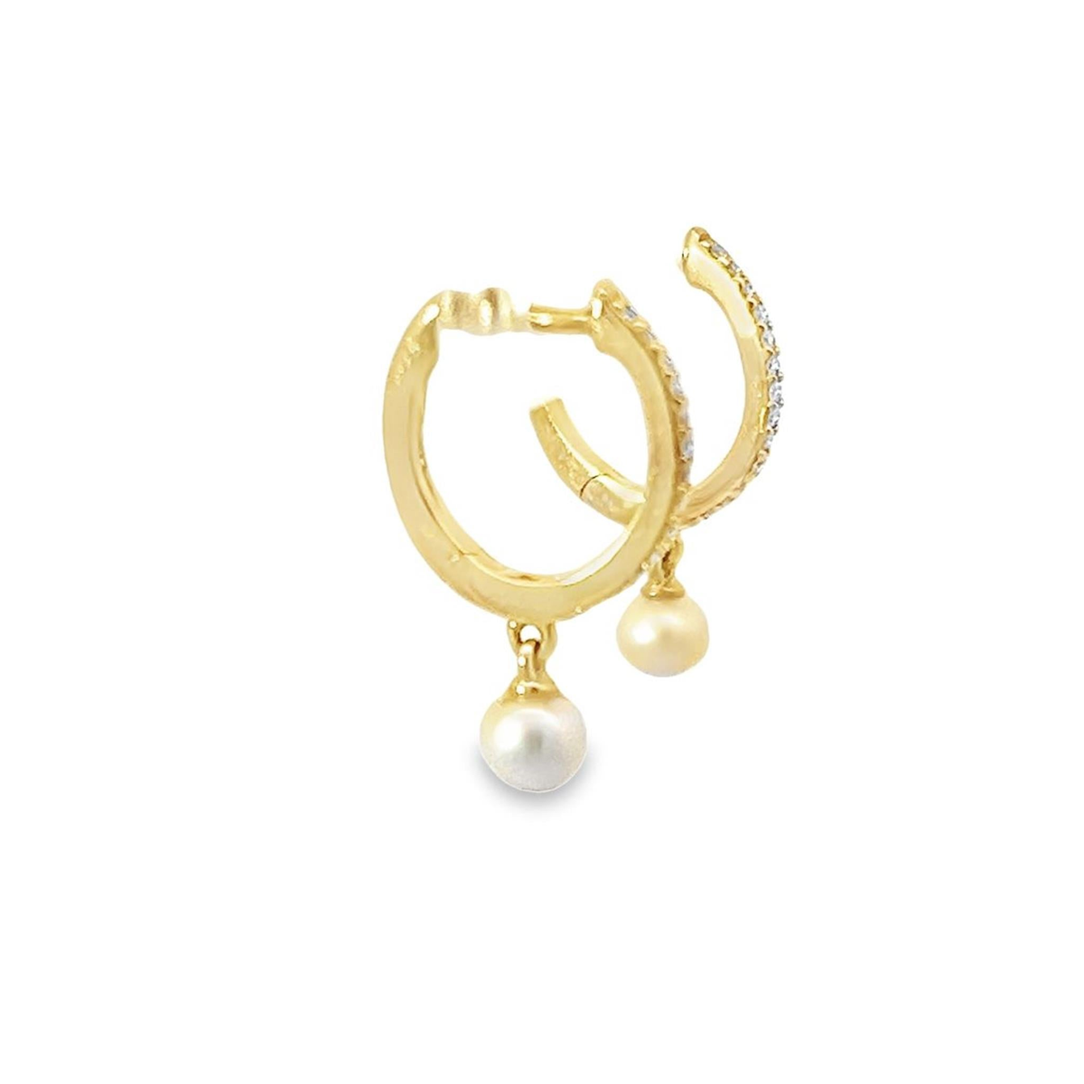 14Kt Yellow Gold Round Hoop Earrings with a Pearl Dangle