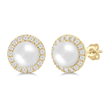 10Kt Yellow Gold Stud Earrings with 4.5mm Pearls and .13cttw Natural Diamonds