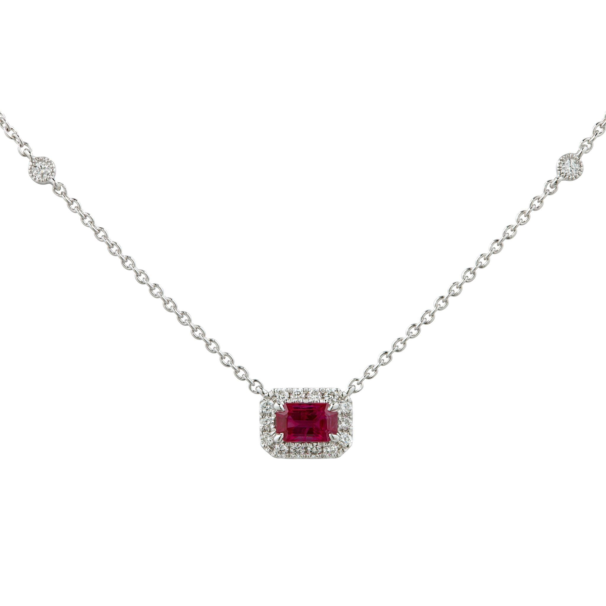 18Kt White Gold Emerald Cut Ruby Diamond Milestone Necklace