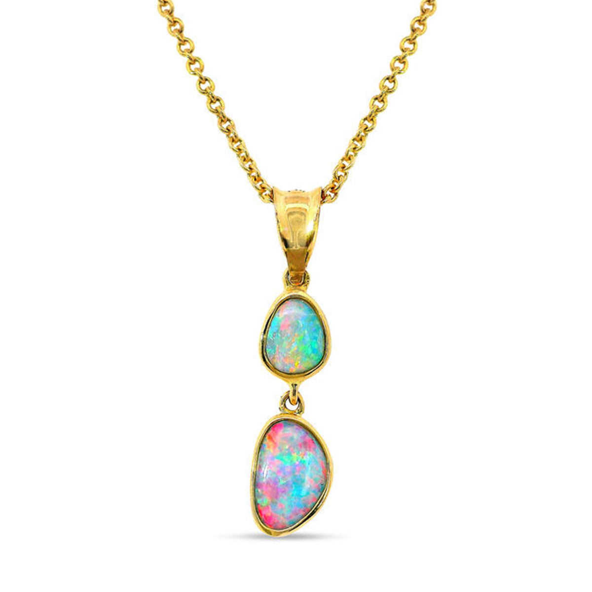 14Kt Yellow Gold Bezel Set Double Drop Pendant With Australian Opals