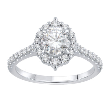 Tiara Halo Engagement Ring in 14KT White Gold with 1CT Round Center Diamond And 30 Round Accent Diamonds totaling .50cttw