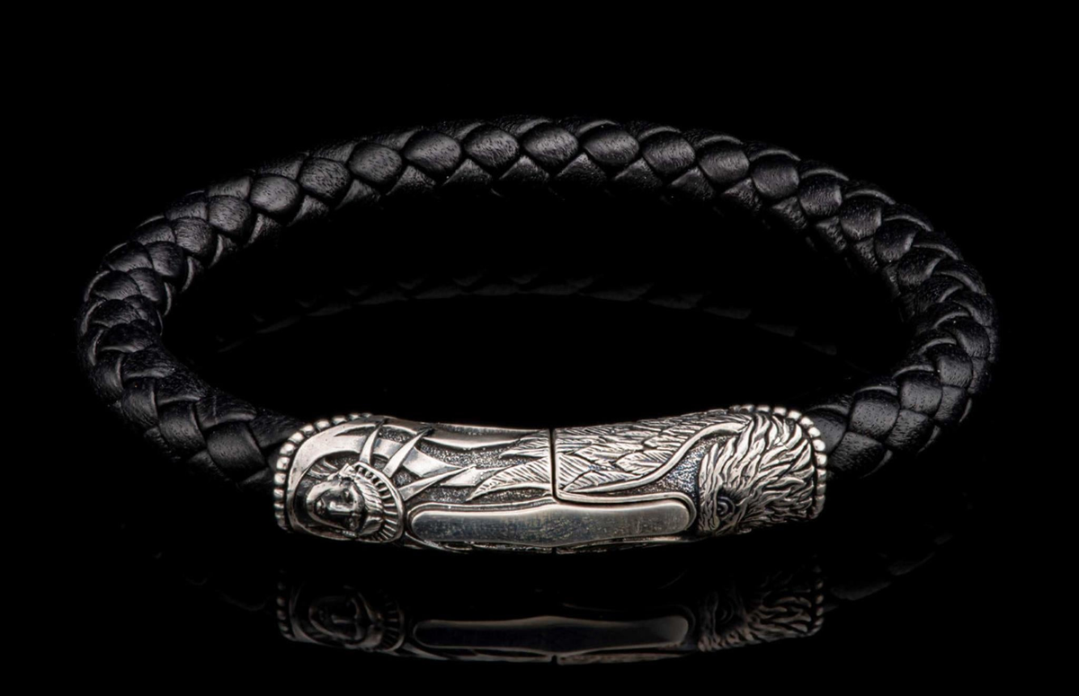 William Henry Yosemite Bracelet With Carved Sterling Silver, Magnetic Closure On 8mm Braided Black Leather Cord - Size Large