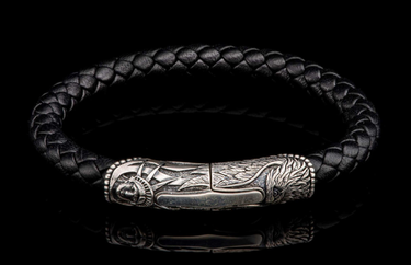 William Henry Yosemite Bracelet with Carved Sterling Silver, Magnetic Closure On 8mm Braided Black Leather Cord - Size Large