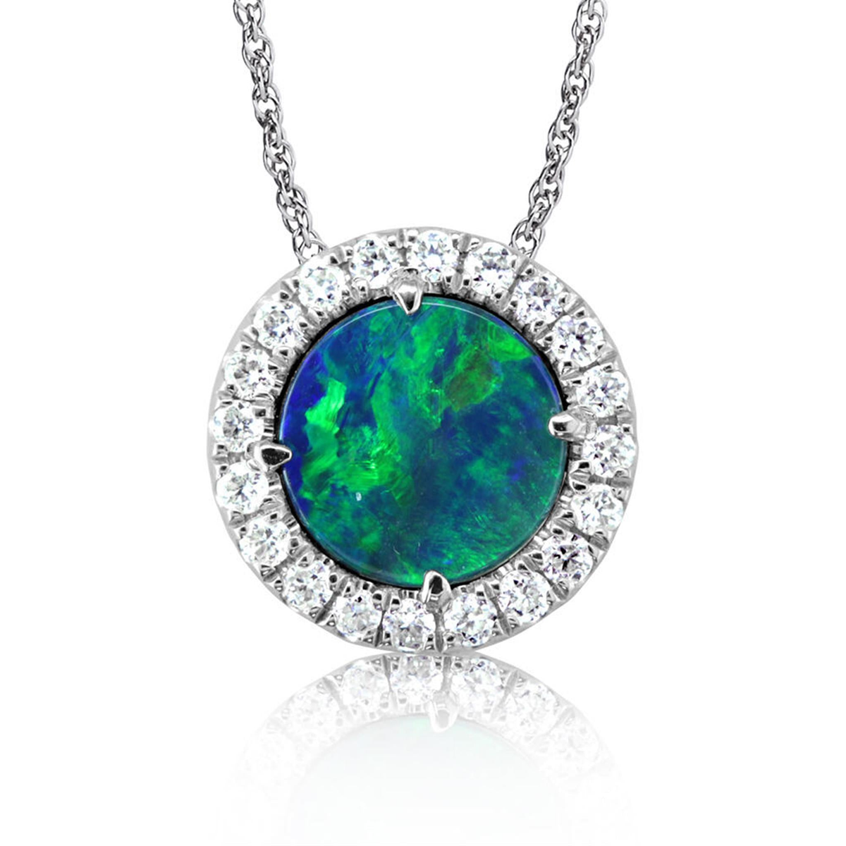 14Kt White Gold .50Ct Australian Opal Doublet Diamond Necklace